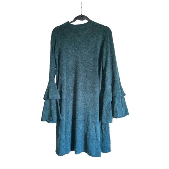 Teal Bell Sleeve Knee Length Dress Size Keyhole Sweater Dress - Picture 2 of 7